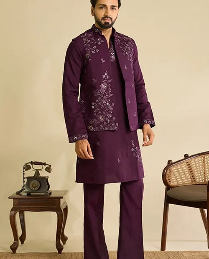 MAROON - Royal Maroon Mirror Work Koti Kurta Set for Mens Wear